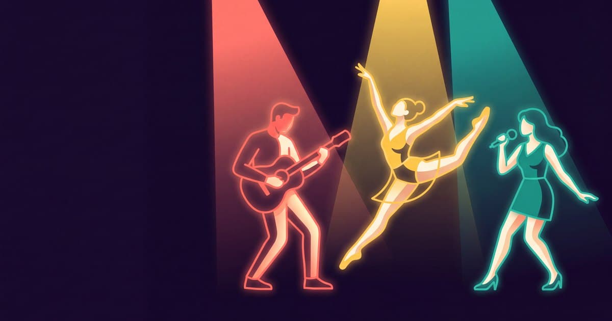 Performers — a guitarist, dancer, and singer — glowing under stage spotlights